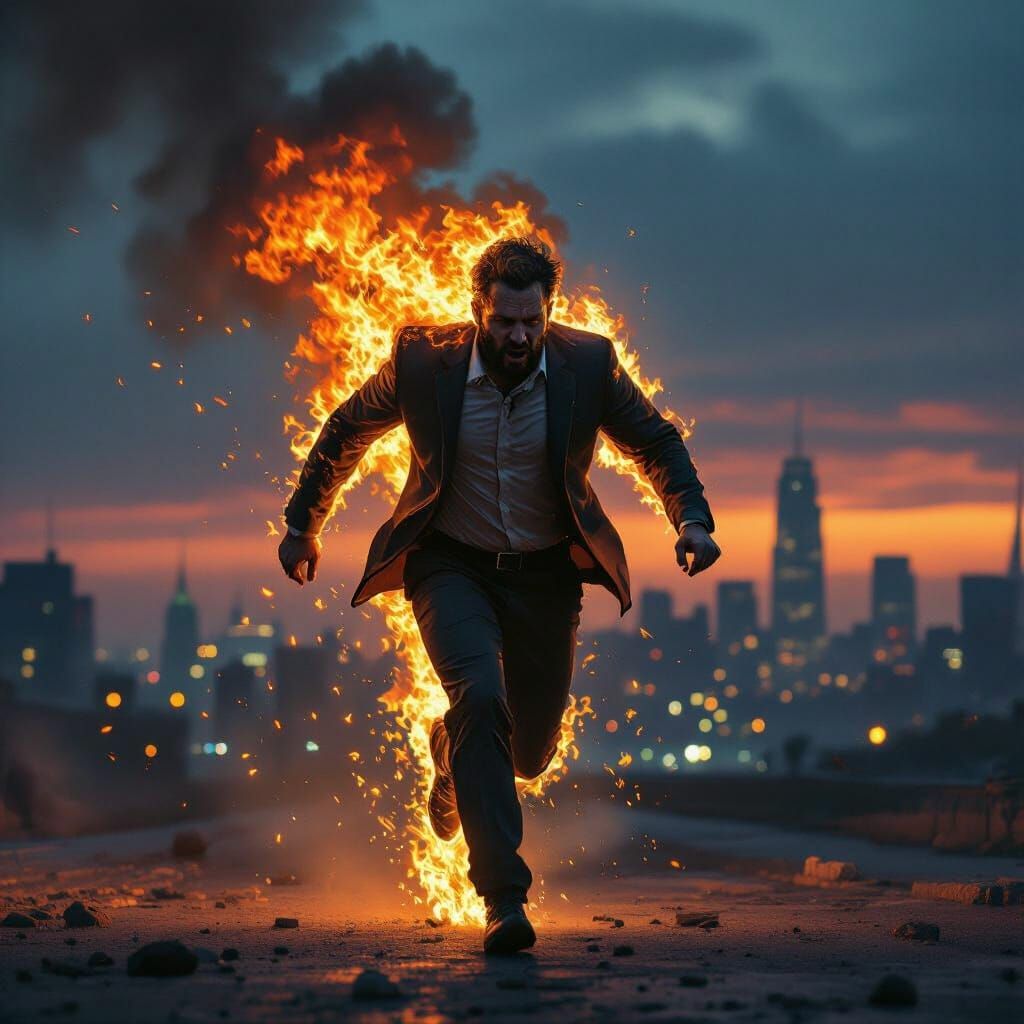 Man on Fire in Dystopian Cityscape