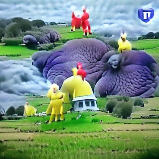 Teletubbies Encounter Enormous Chicken: AI Interpretation