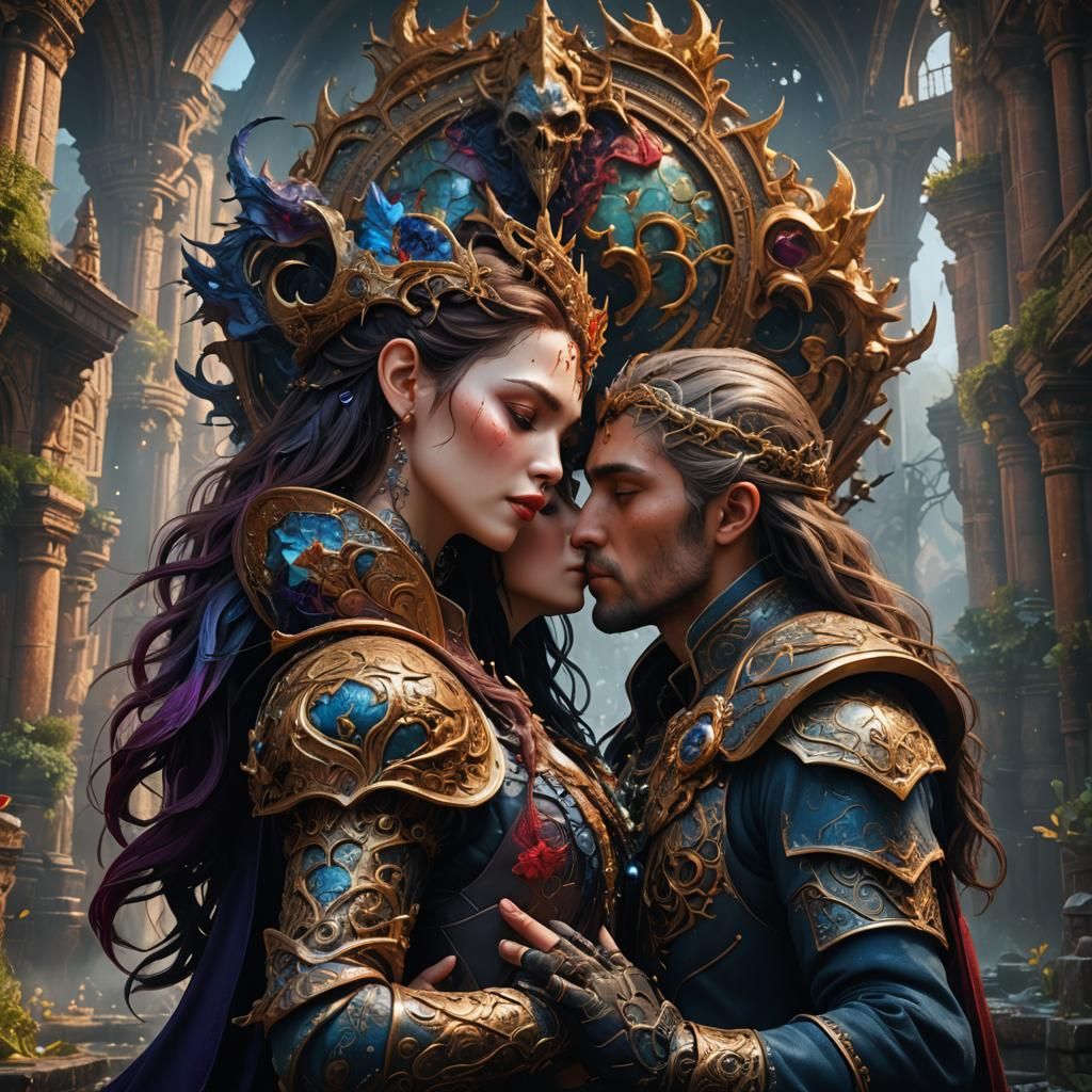 Fantastical Kiss in Deep Color, Detailed Matte Painting