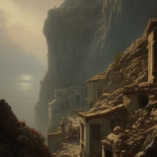 Ethereal Greek Villas on Rocky Coastline in Fantasy Style