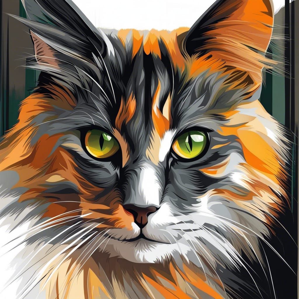 Fluffy Green-Eyed Cat: Cubist Digital Art