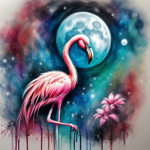 Flamingo Textured in Alcohol Ink Under Chalk Full Moon
