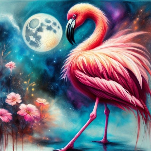 Flamingo Walks Through Chalk Pool Under Full Moon