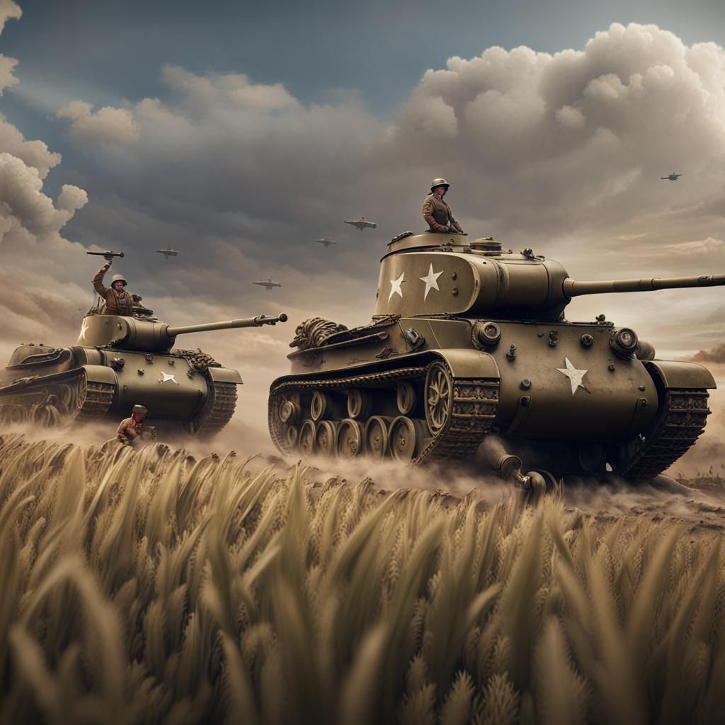 WWII Tanks and American Soldiers on the Plains
