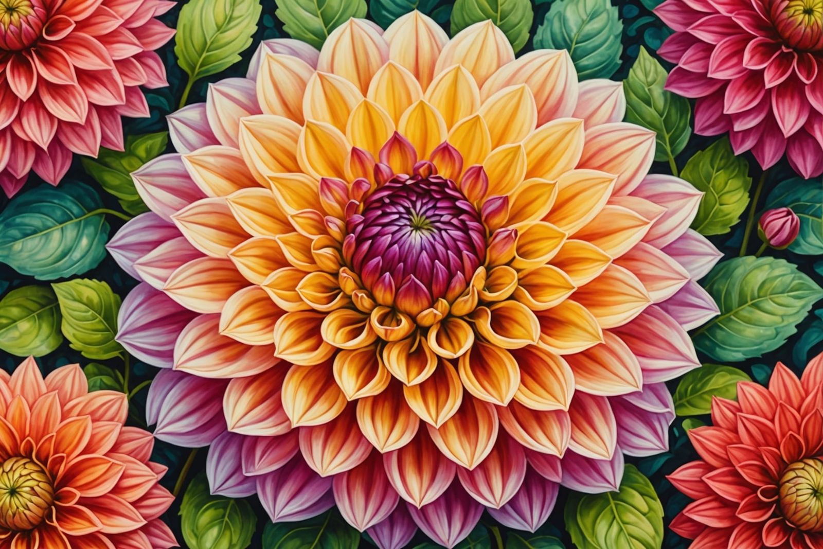 Radiant Dahlia in Garden, Gouache and Watercolor Style