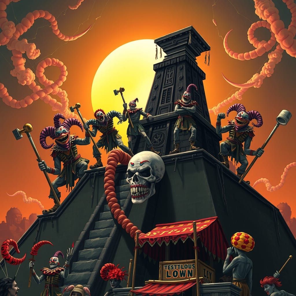 Evil Clown Gods on Aztec Temple in Dark, Bloody Style