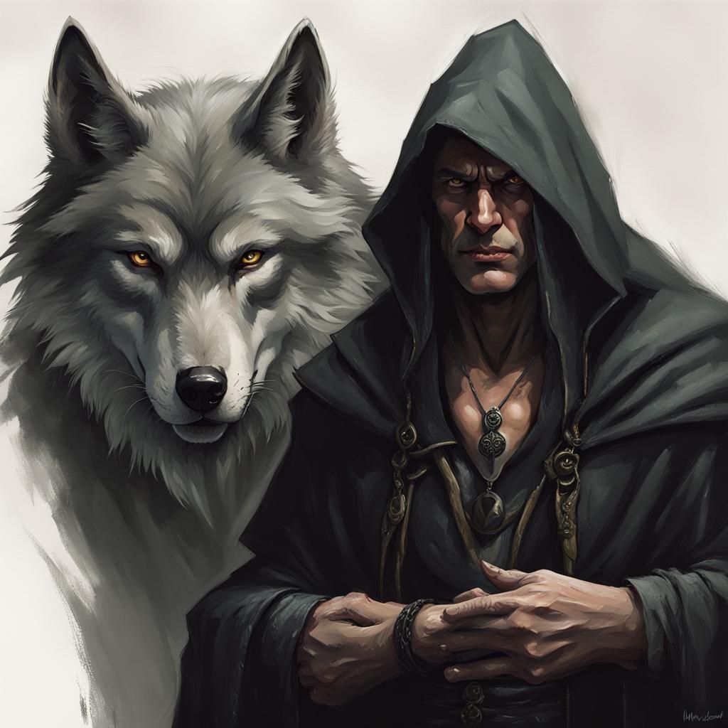 Sinister Male Witch with Wolf