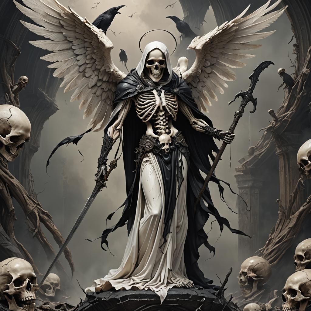 Cadaverous Angel of Death with Raven Skull
