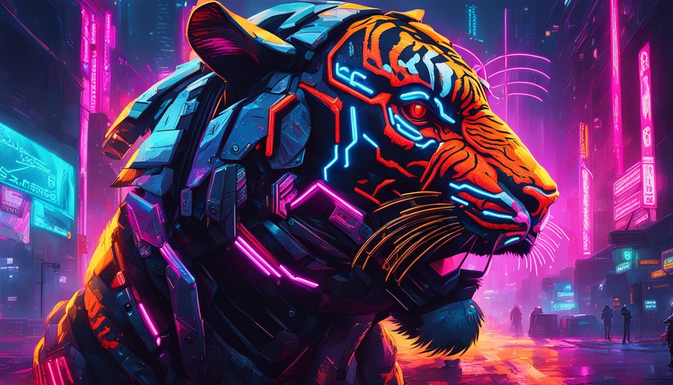 Cybernetic Tiger in Neon Cyberpunk Cityscape