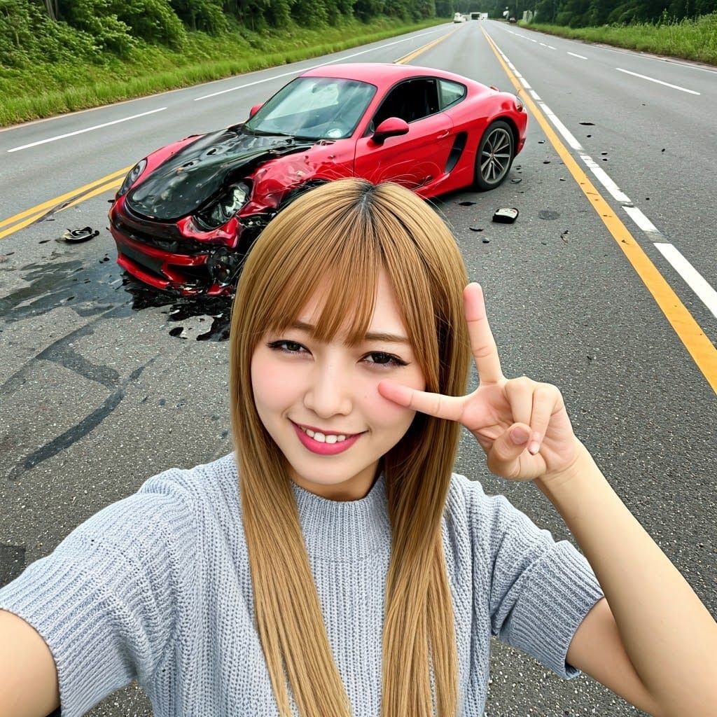 Dramatic Roadside Selfie with Damaged Porsche