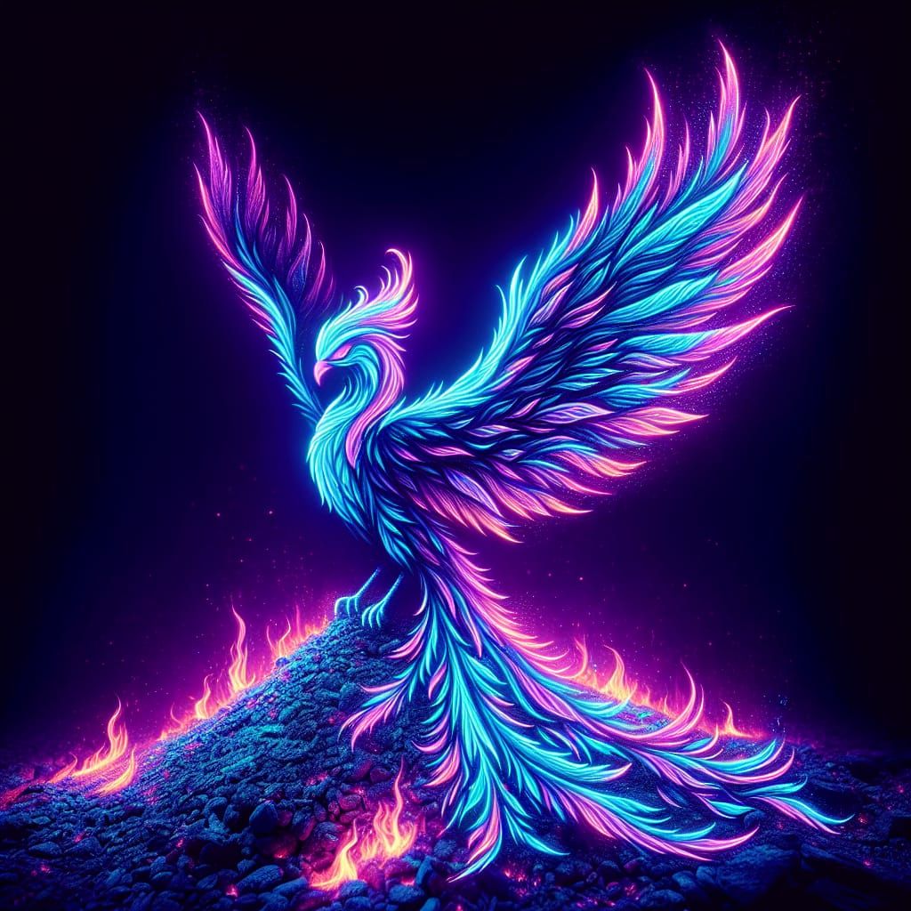 Neon Phoenix Rising from Ashes: Rebirth