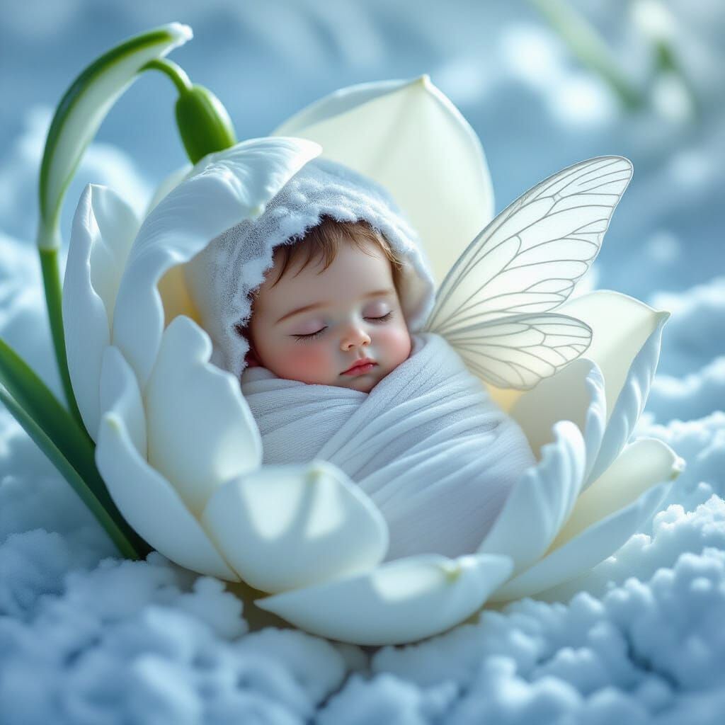 Winter Fairy Asleep in Snowdrop Flower: Hyper-Realistic