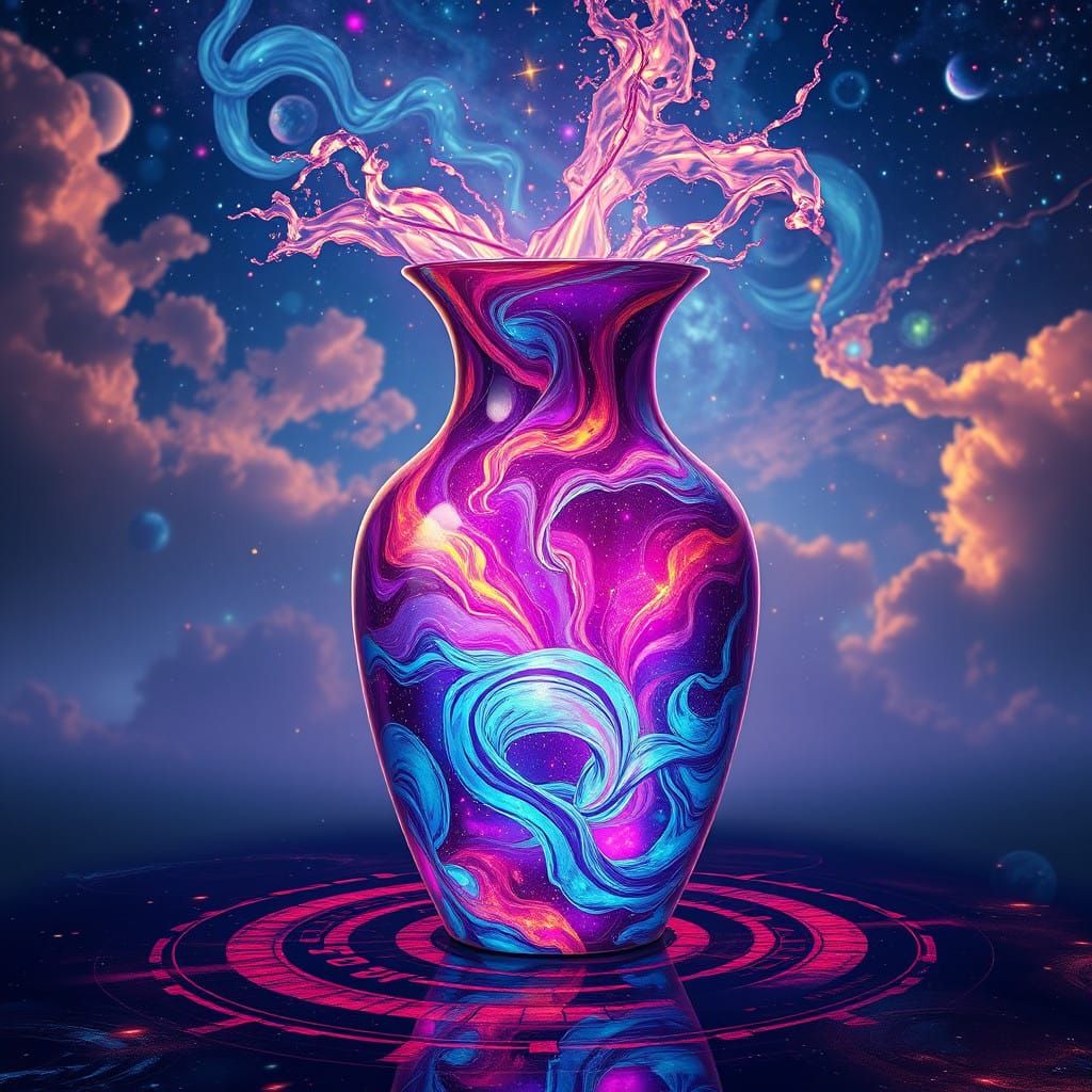 Vibrant Astrological Sign Vase Overflows with Galaxy Water
