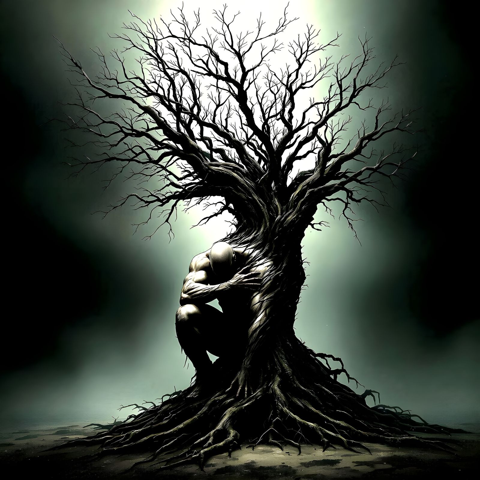 Gloomy Self-Portrait Transforms into a Barren Tree