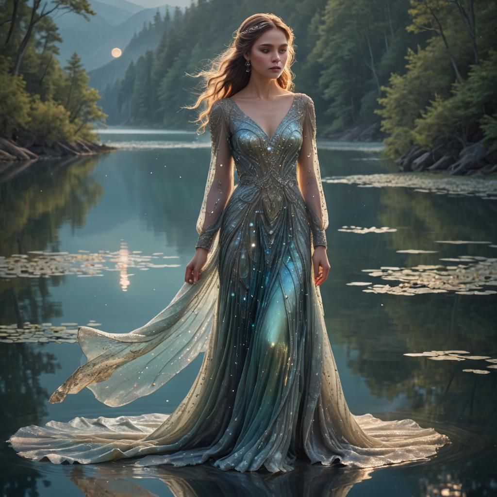 Ethereal Woman at Mystical Lake in Digital Art
