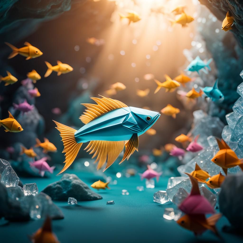 Bioluminescent Origami Fish in Crystal Cave