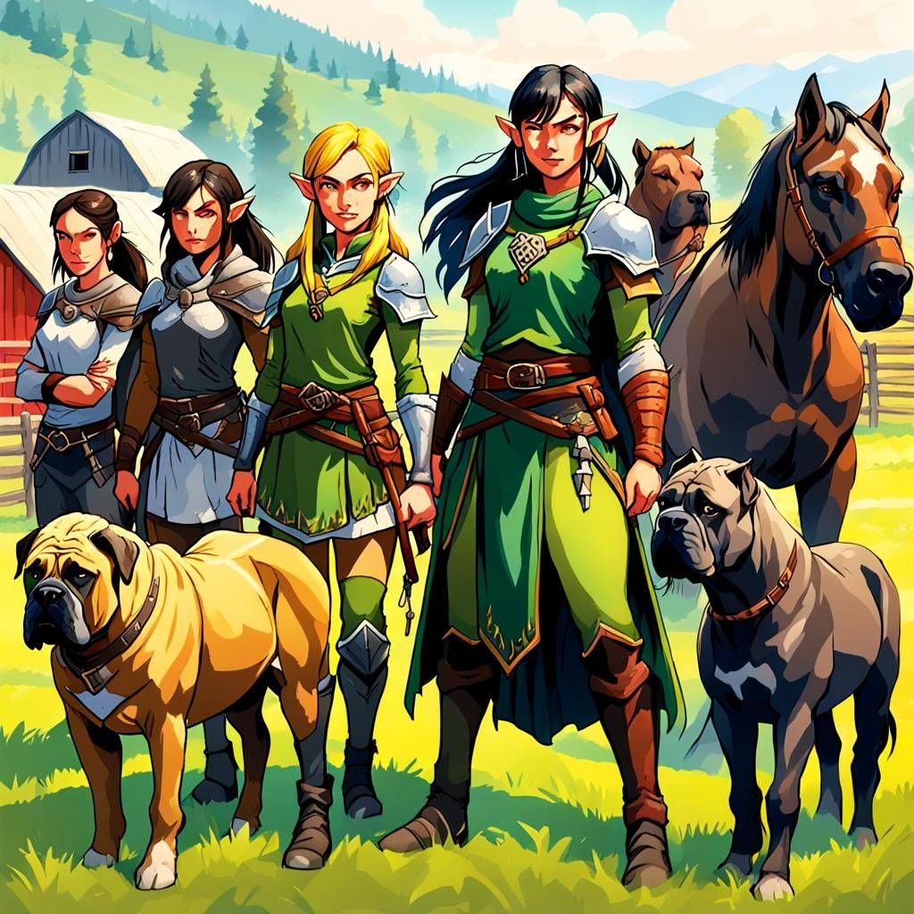 Half-Elf and Half-Orc Women with Animals on Farm