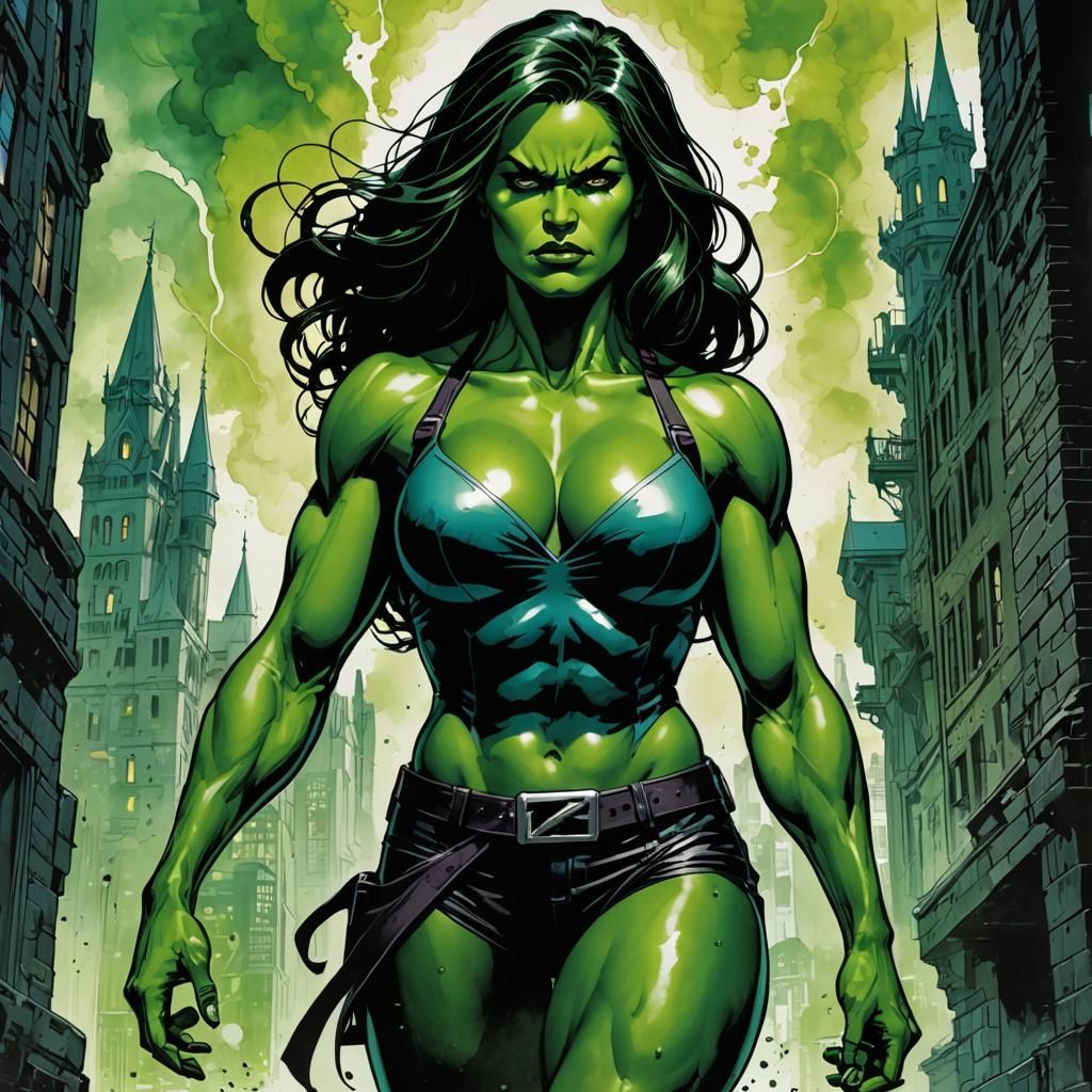 She-Hulk and Castle Doom in Art Deco Style
