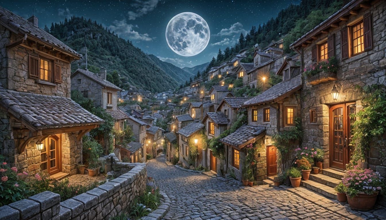Cozy Mountainside Village at Night: Hyperrealistic Digital A...