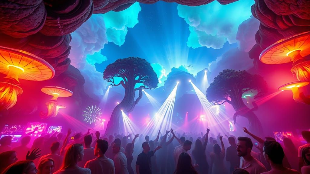 Ethereal Nightclub Oasis Under Glowing Aurora