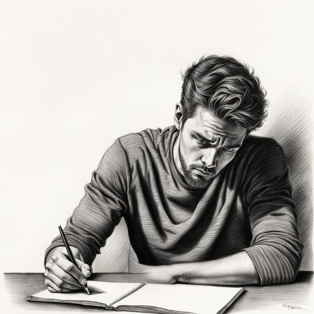 Charcoal Drawing of Young Man Facing Blank Page