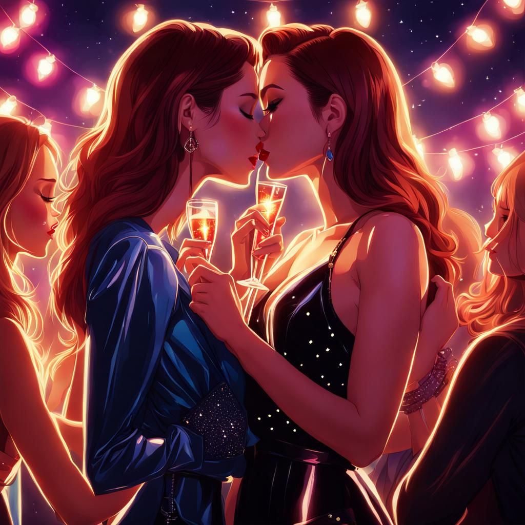 Women Kissing at Party with Club Lighting