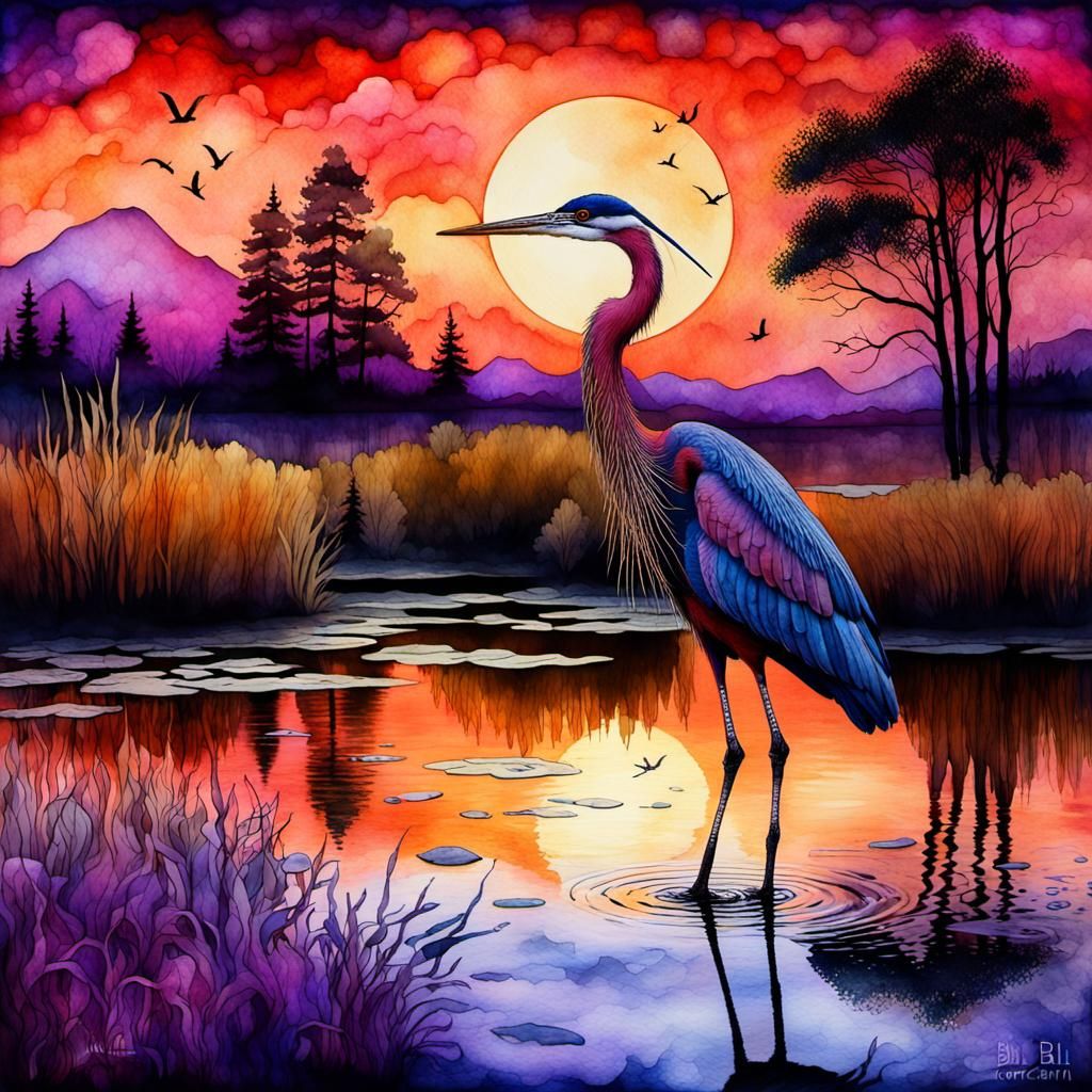 Heron at sunset