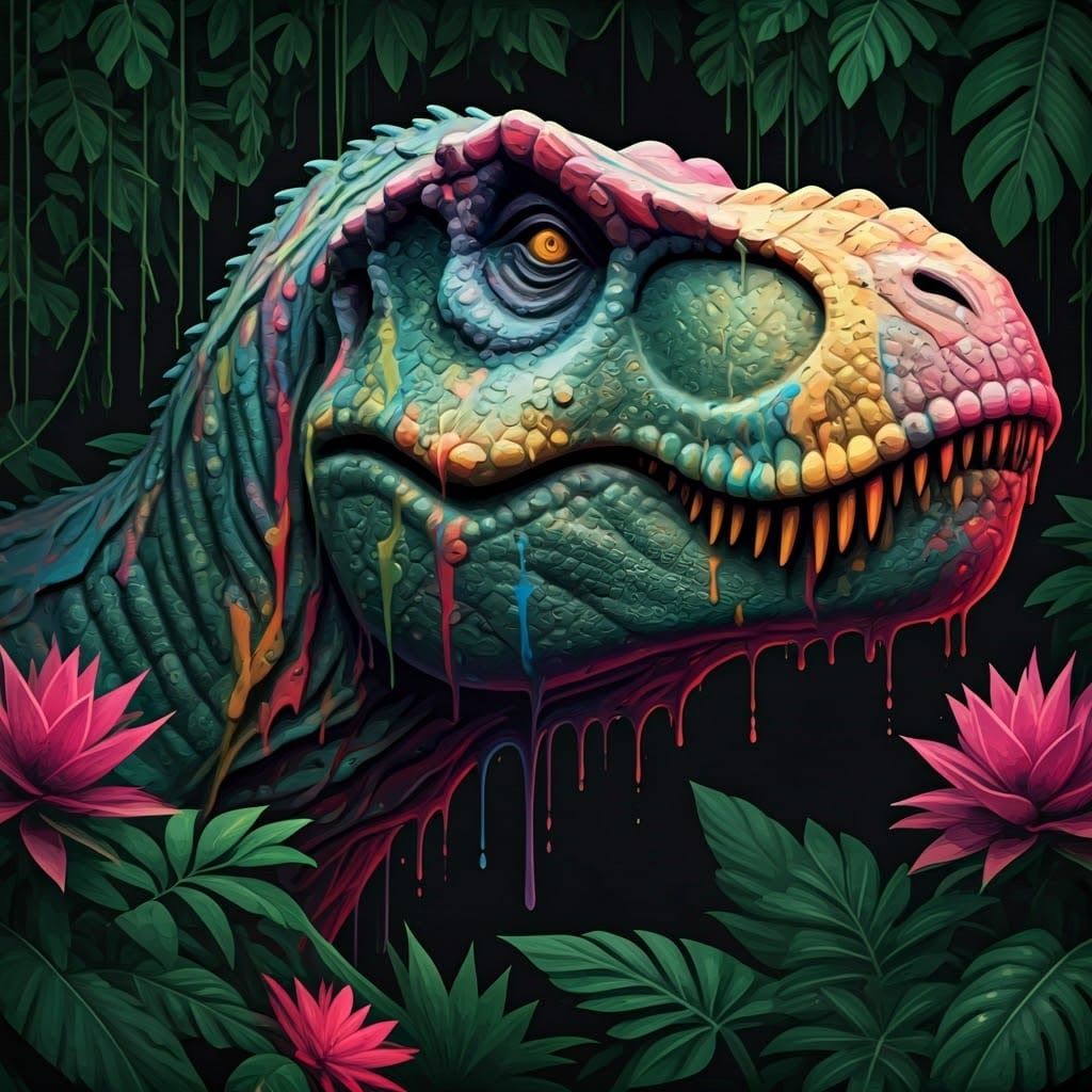Vibrant T-Rex in Emerald Jungle with Melting Graffiti Skin