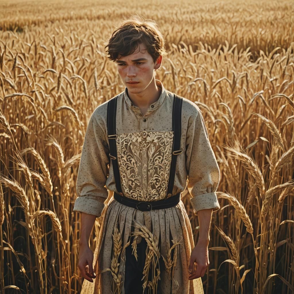 Boy in Folk Dress in Golden Field