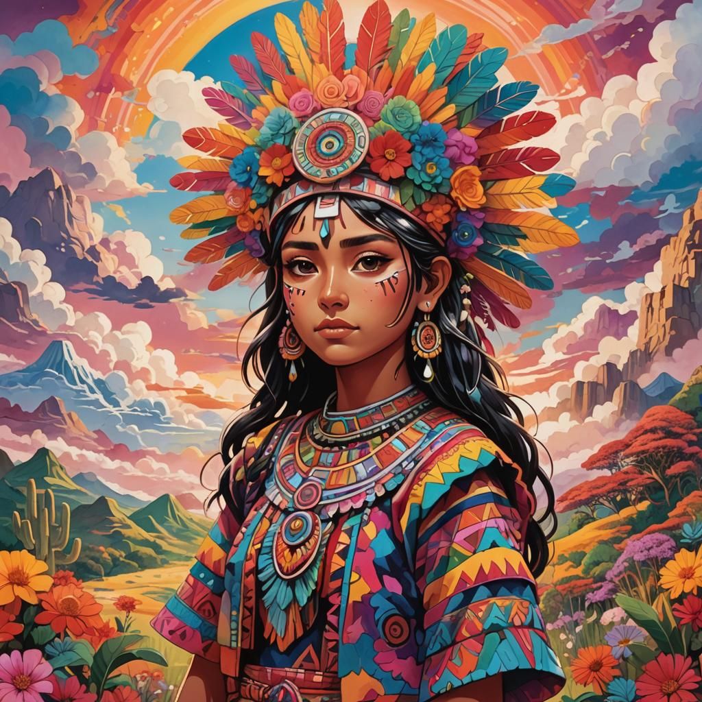 Aztec Girl in Surreal Landscape, Manga Anime Style