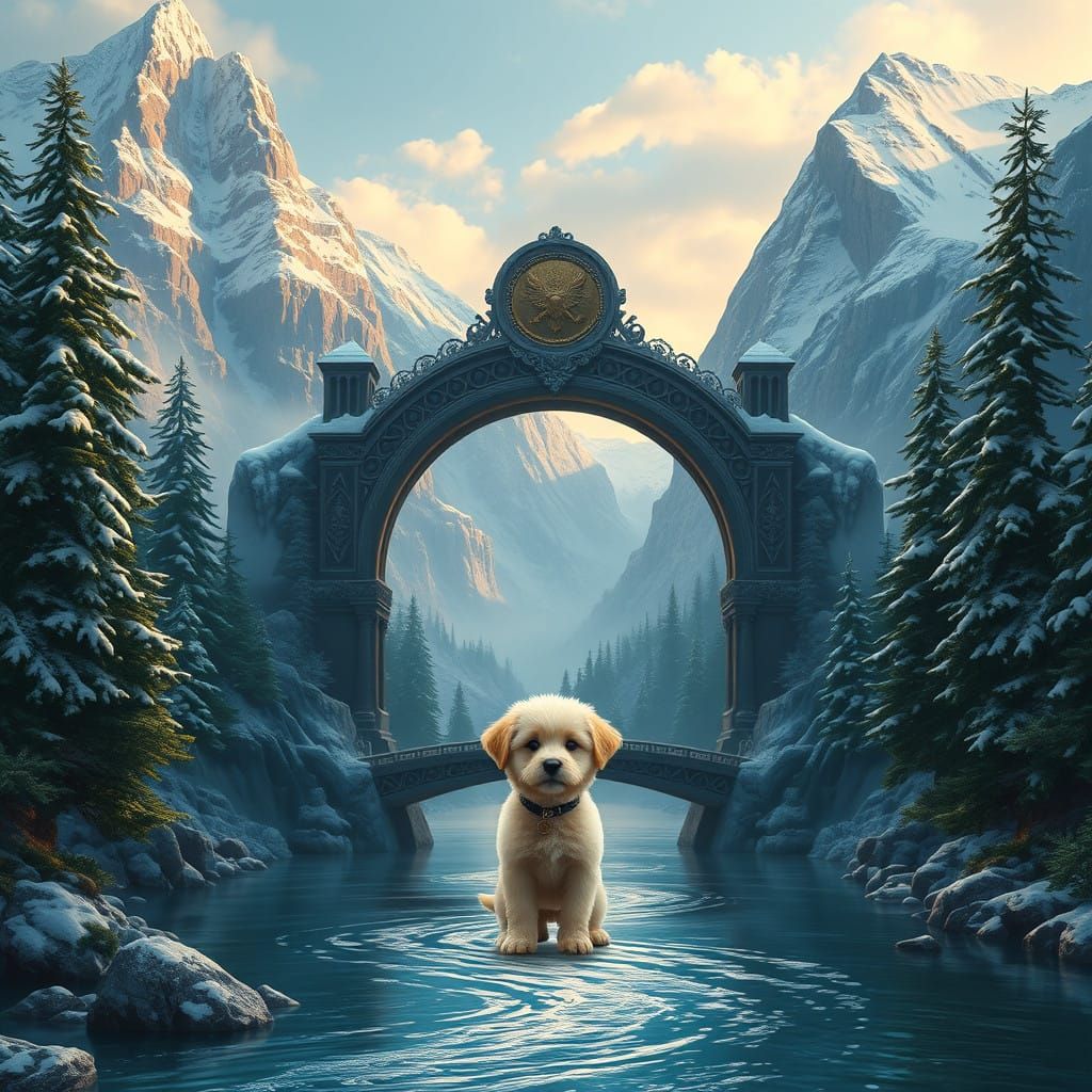 Grand Bridge in Enchanted Mountainscape with Fluffy Puppy