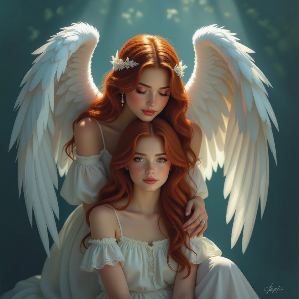 Angel Protects Woman in Dimly Lit Room