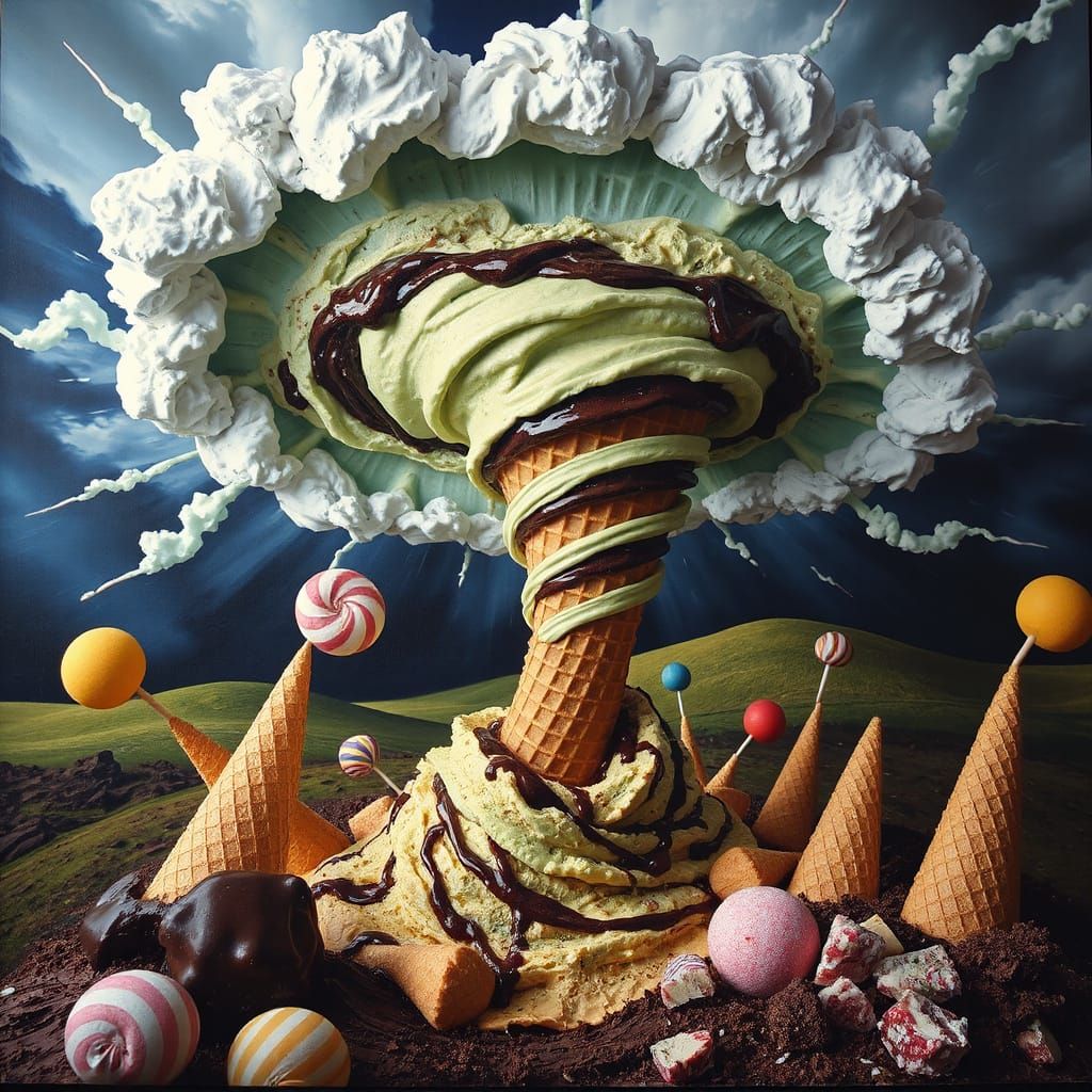 Ice Cream Tornado Sweeping Candy Landscape: Oil Painting