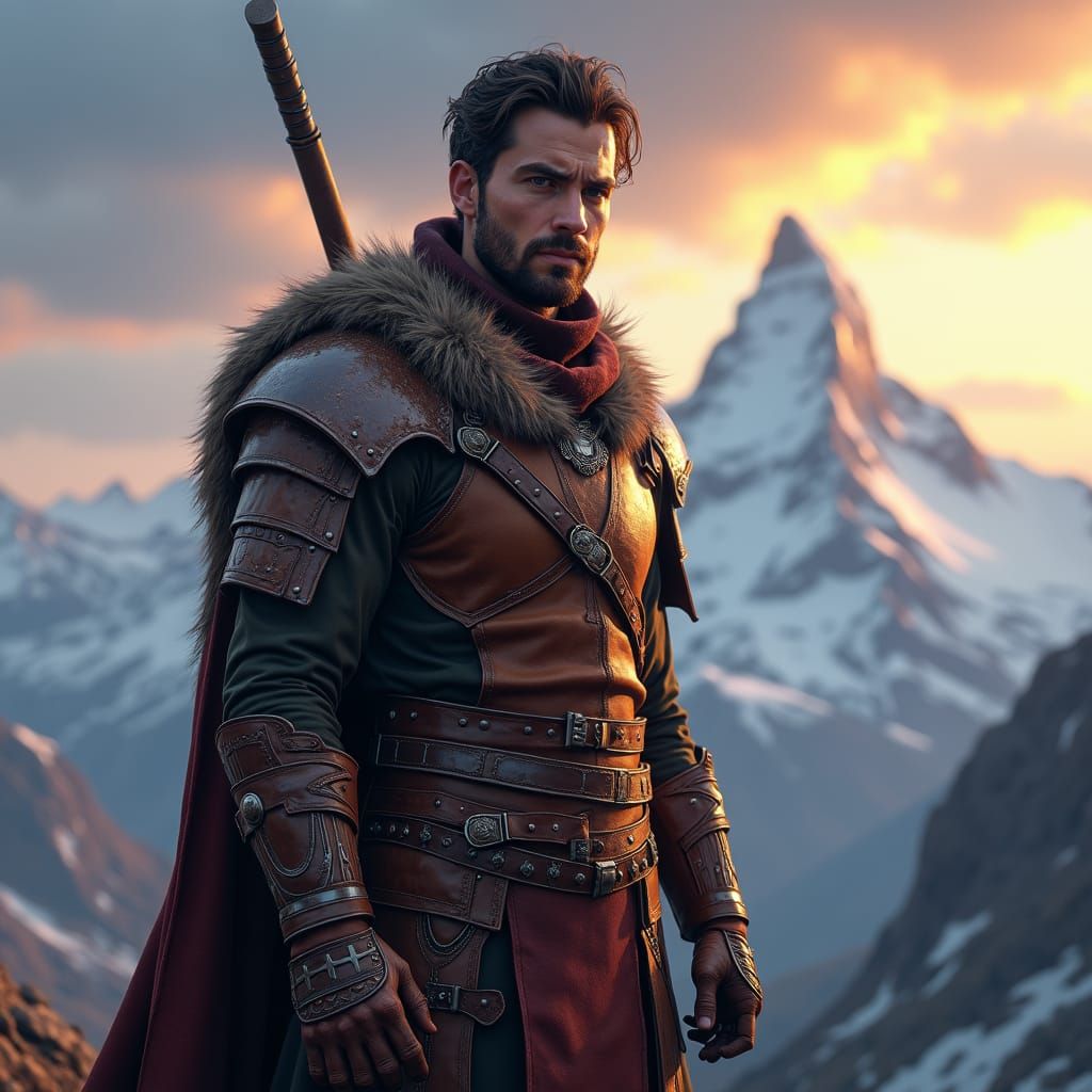 Warrior in Earth-Toned Armor with Mountain Backdrop