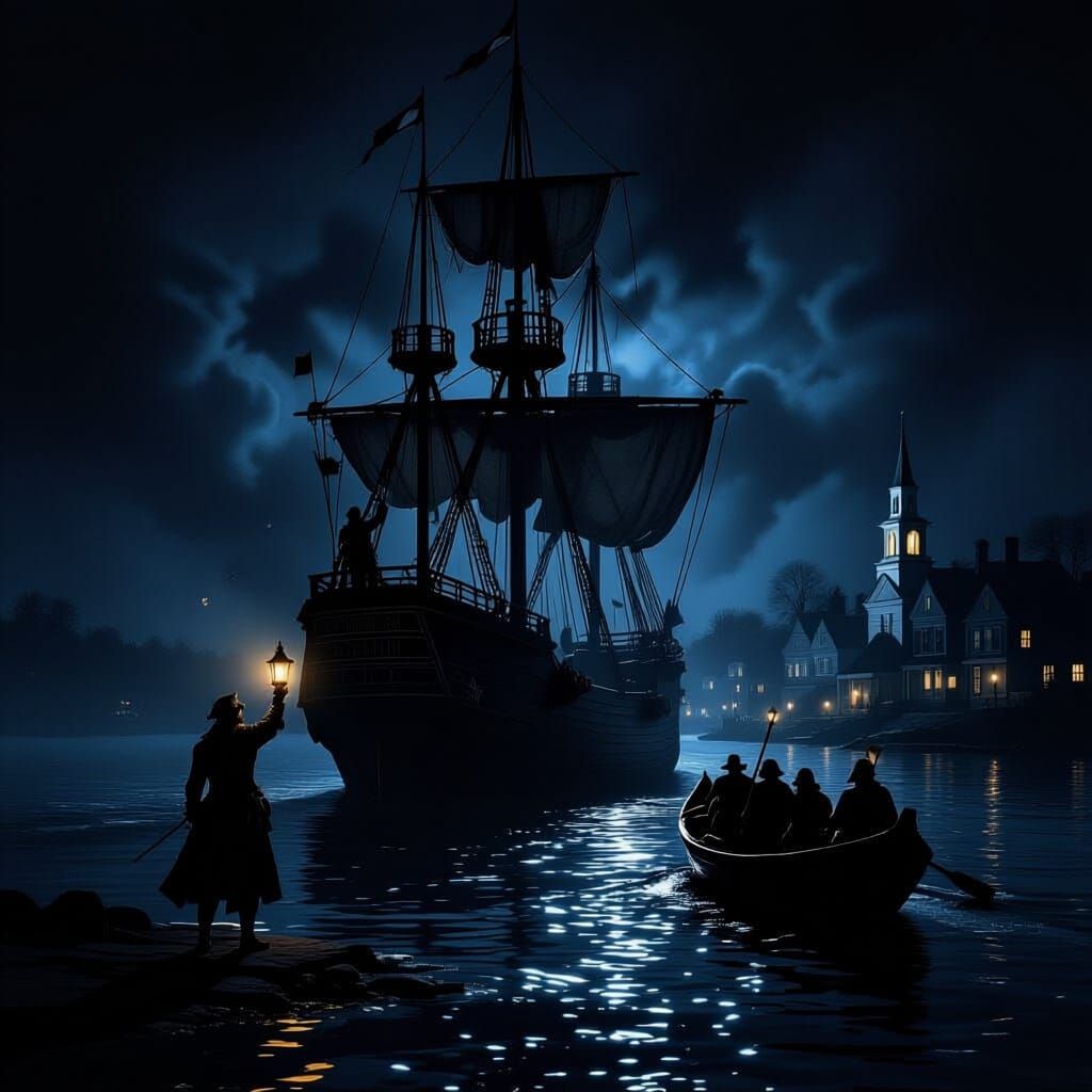 1775 Frigate and Rowboat in Colonial Night Scene