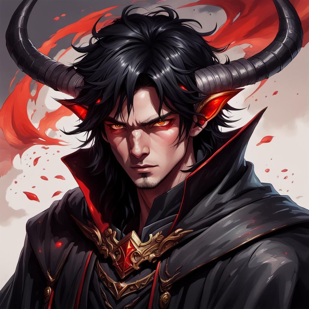 Dramatic Portrait of a Horned Tiefling in Hyperrealistic Sty...