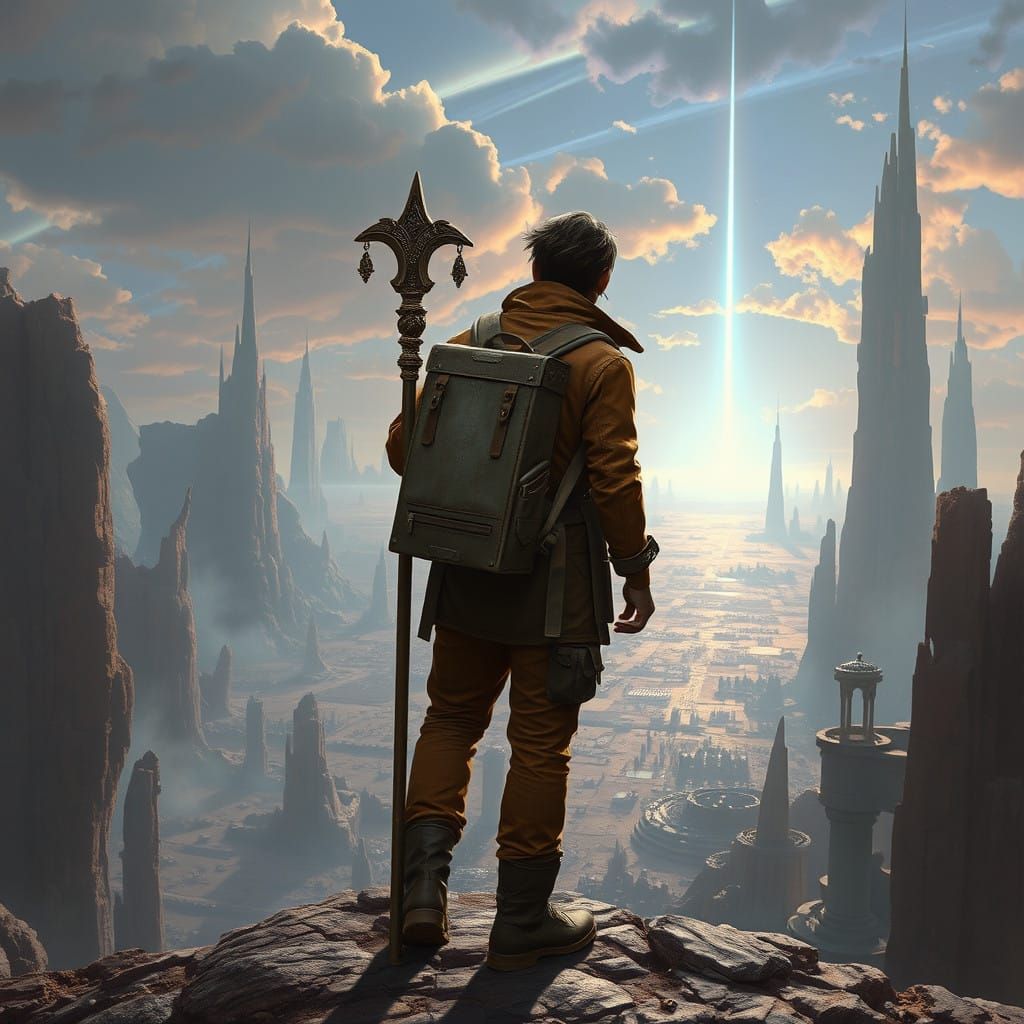 Epic Explorer Stands at Edge of Alien Landscape