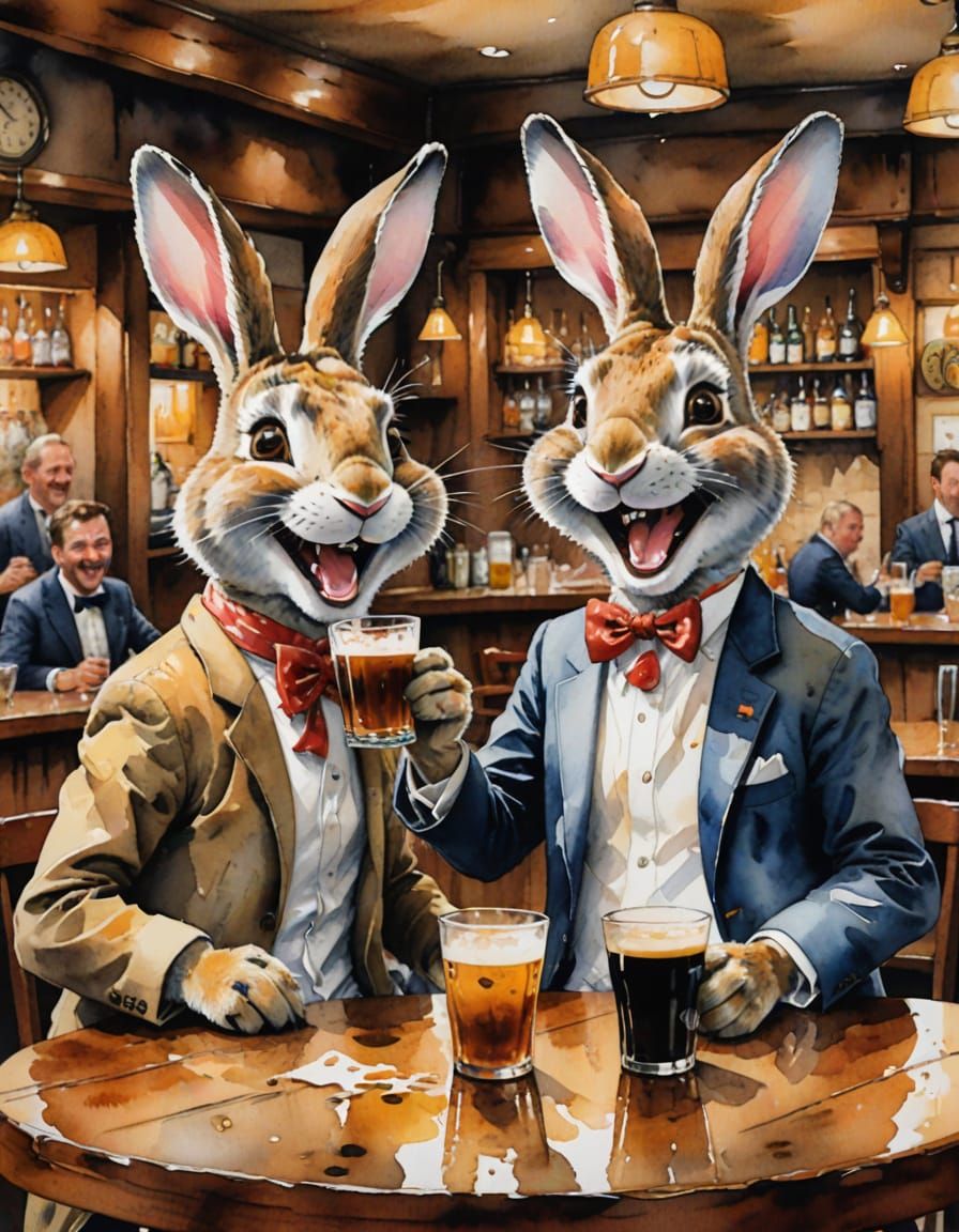 Impressionist Rabbits Share Stout in Watercolor Painting