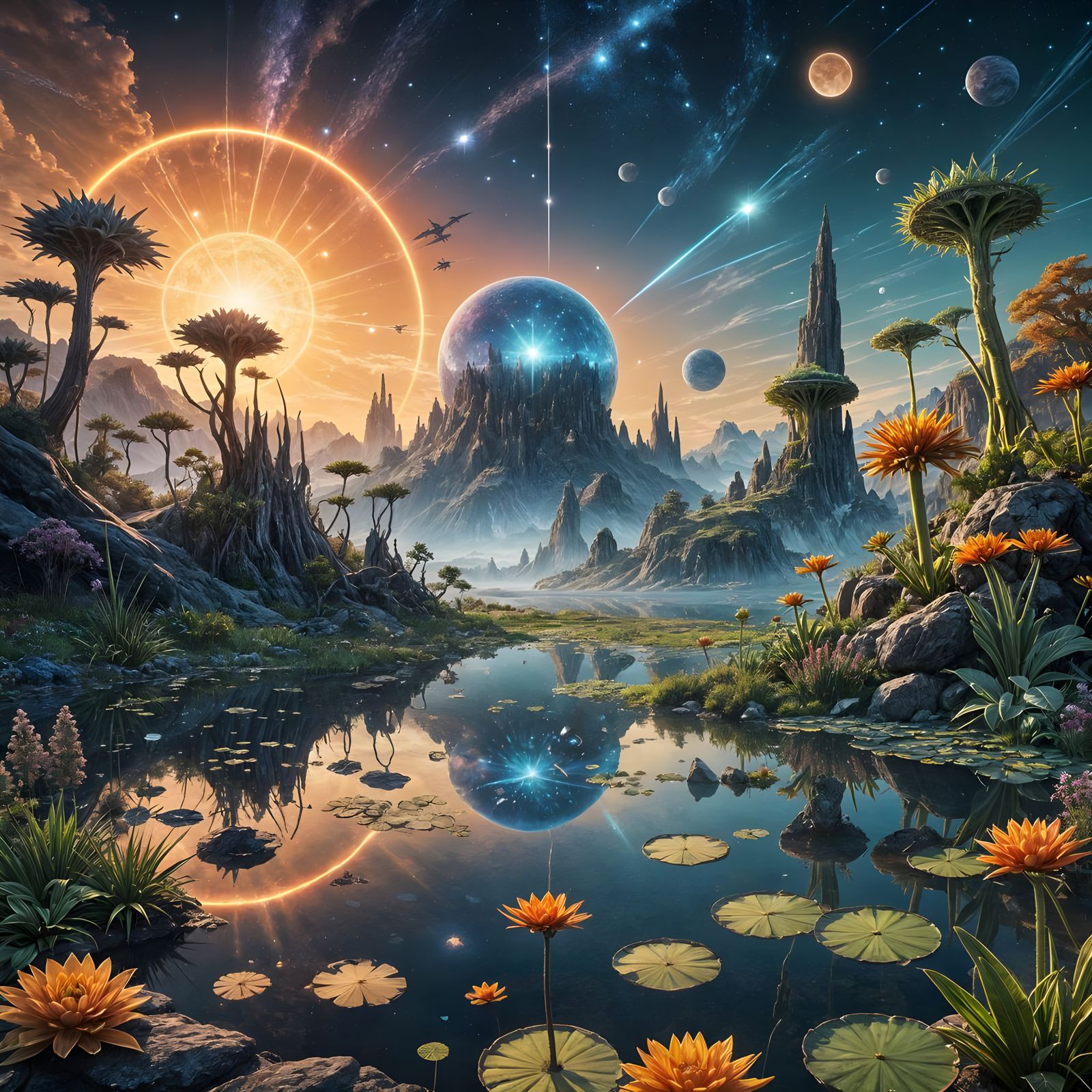Alien Landscape with Glowing Plants and Twin Suns