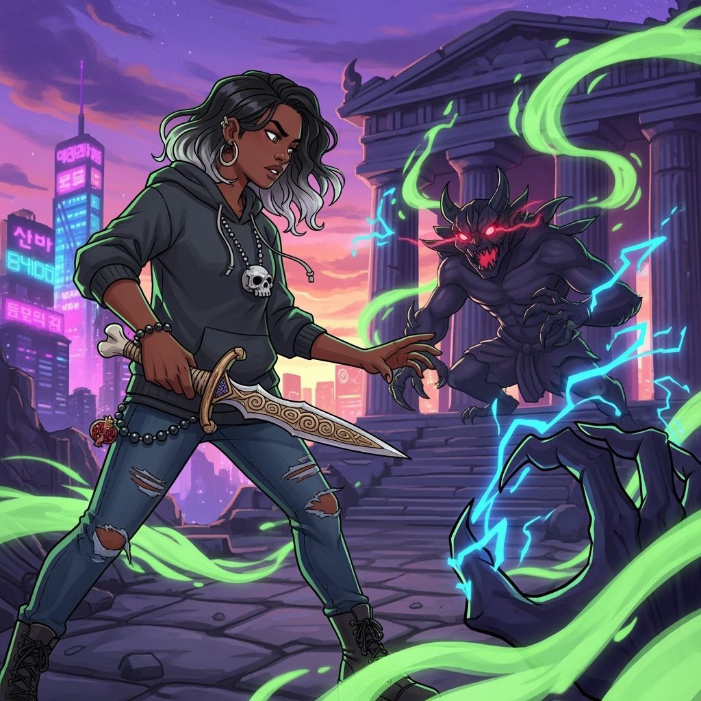 Daughter of Hades Fights Monster in Mystical Realm