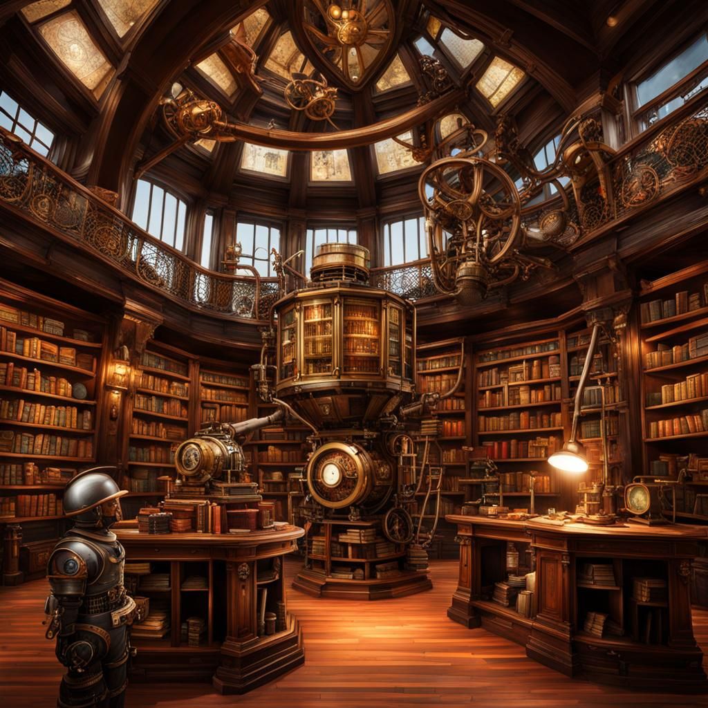 Steampunk Library with Robot Librarian and Telescope