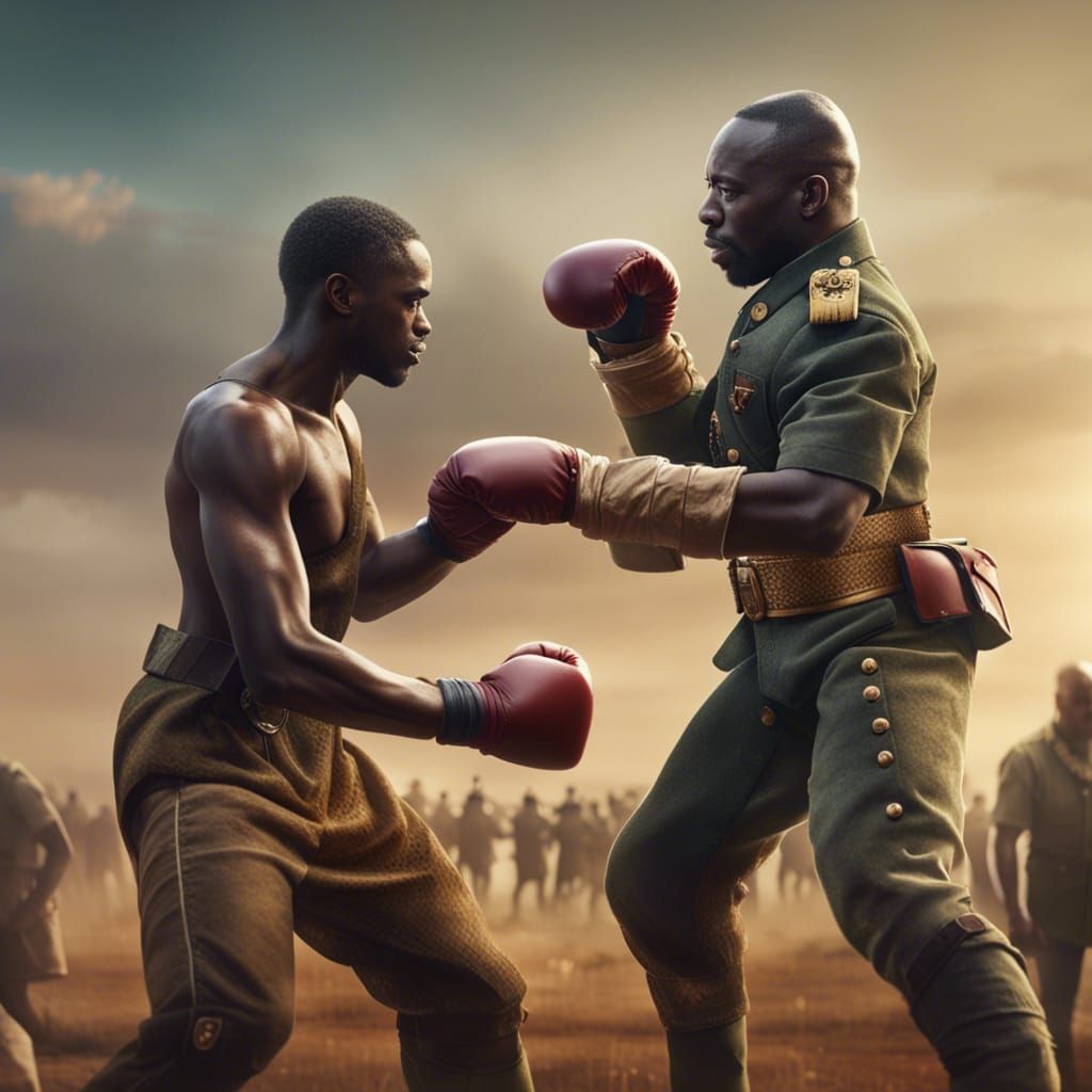 African Man and Soldier Boxing: Detailed Matte Painting
