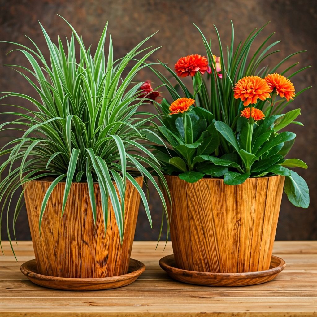 Rustic Wooden Plant Pots with Vibrant Flowers