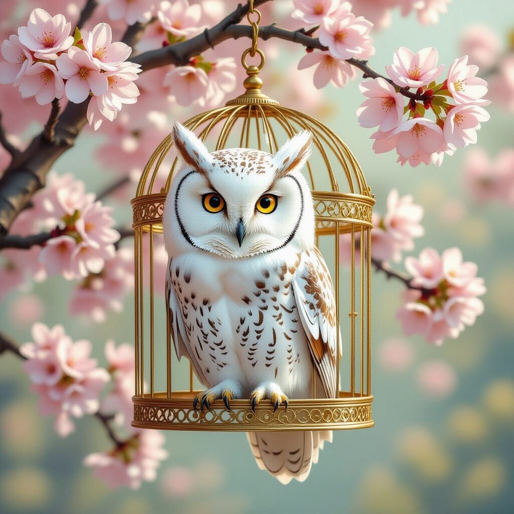 Regal Owl in Golden Cage Amidst Apple Blossoms