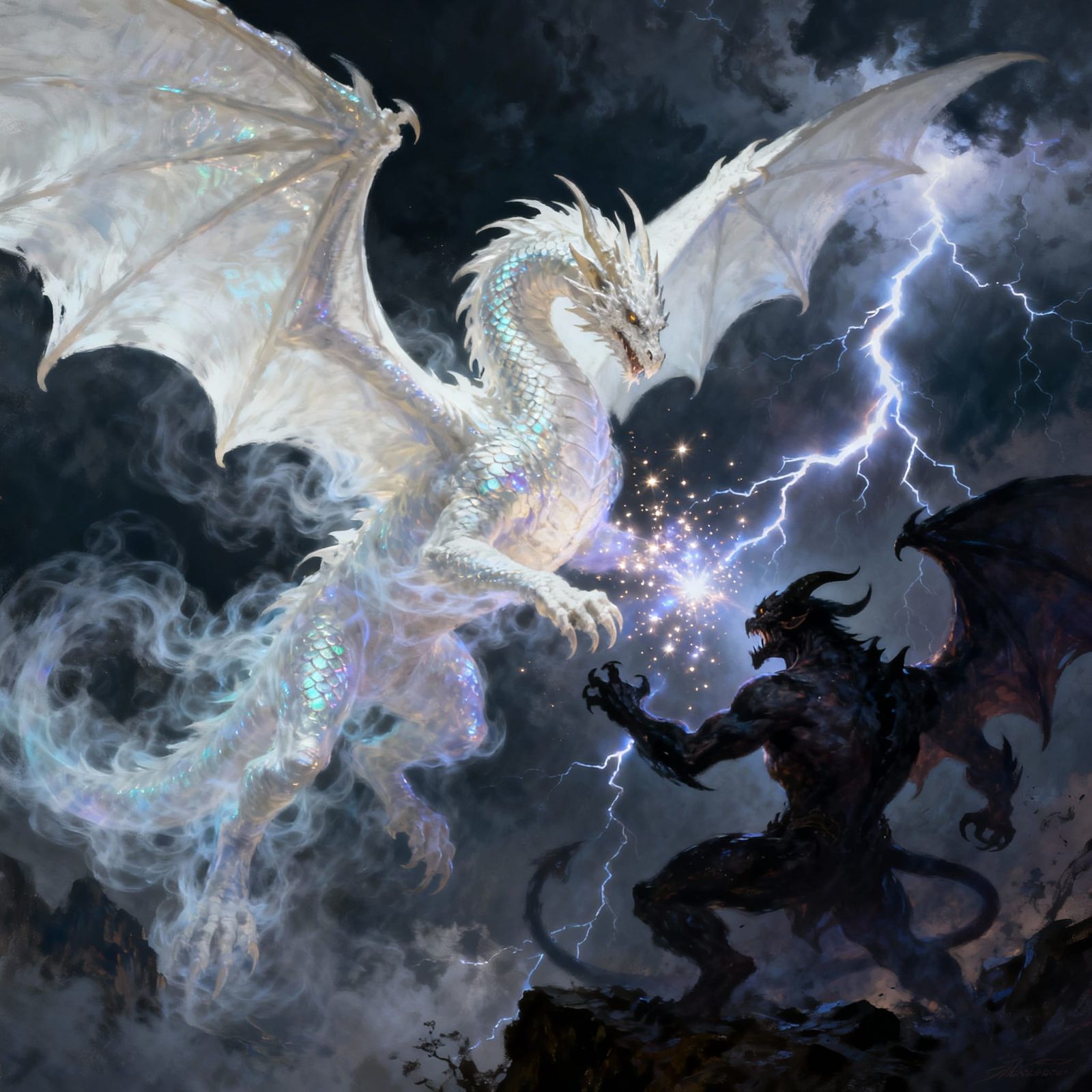 Dragon vs Demon Battle in Thunderstorm, Dark Fantasy Art