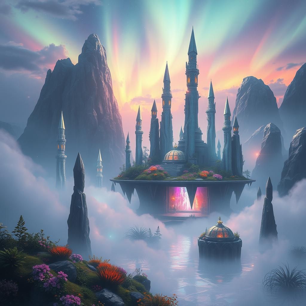 Mystical Oasis with Crystal Spires and Aurora Sky