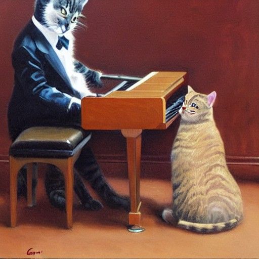 Cat Playing Piano in Oil Painting Style