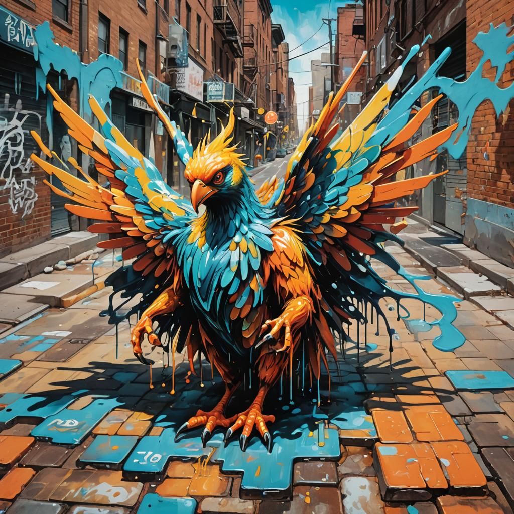 Winged Creature Emerges from Graffiti Cityscape
