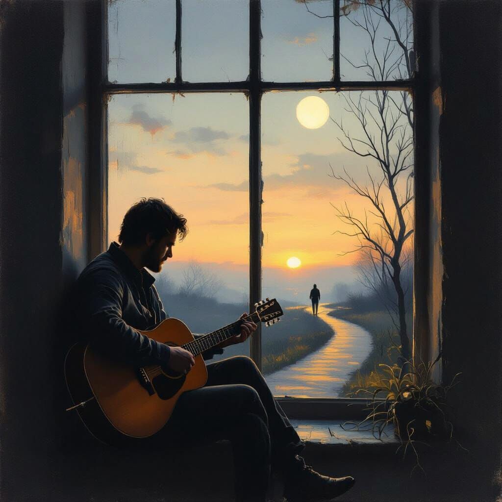 Man by Twilight Window with Guitar, Golden Hour Light