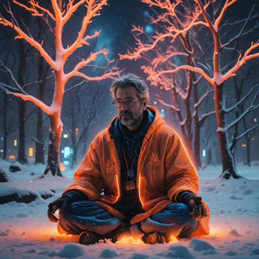 Cyberpunk Wizard Meditates in Winter Wonderland